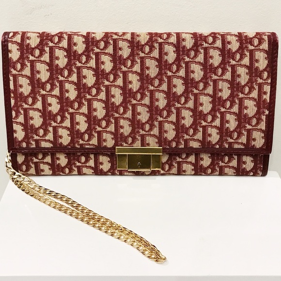 Christian Dior Red Monogram Logo Oblique Canvas Leather Clutch Shoulder Bag - Picture 4 of 10